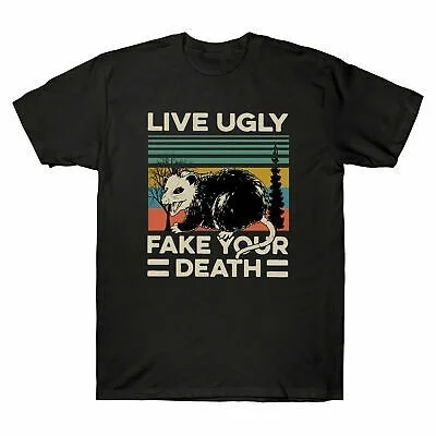 

Vintage Men T-Shirt Live Ugly Fake Your Death Cool Angry Opossum Black T-Shirt