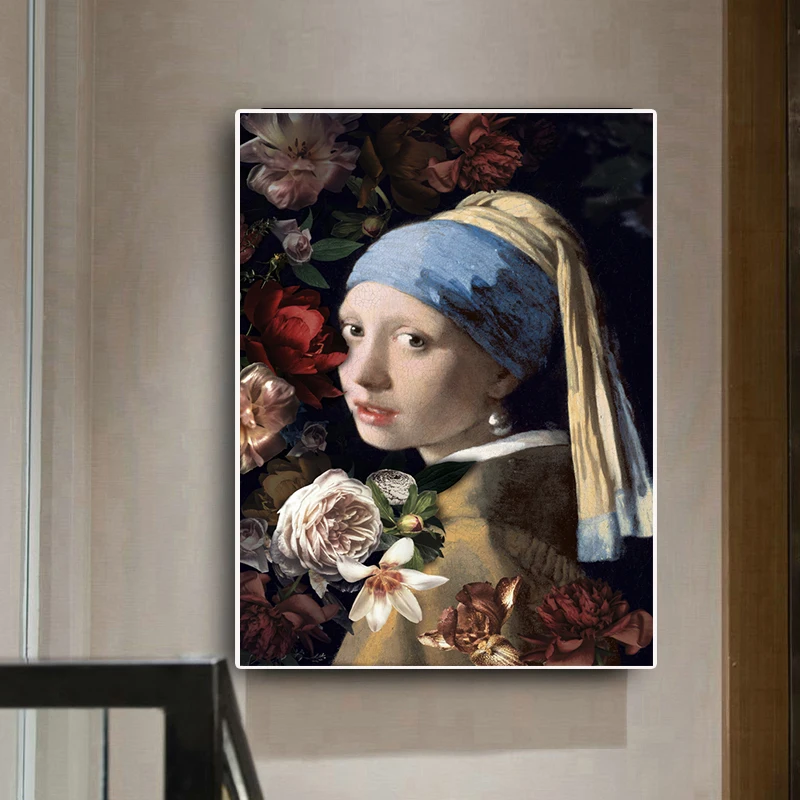 Цветок девушка с жемчугом Серьги Известный холст картины репродукции портрет