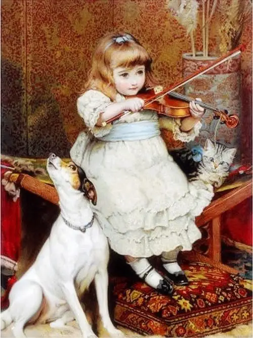 Ручная роспись милая маленькая девочка играющая на скрипке и собака природный