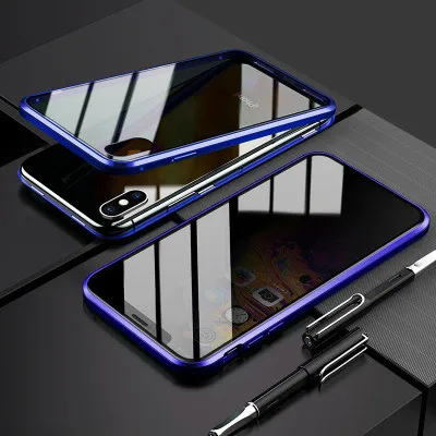 Blue Конфиденциальное металлическое магнитное закаленное стекло футляр для телефона 360 магнит антишпионский защитный чехол для Samsung Galaxy S8 S9 S10 PLUS - Цвет: Blue