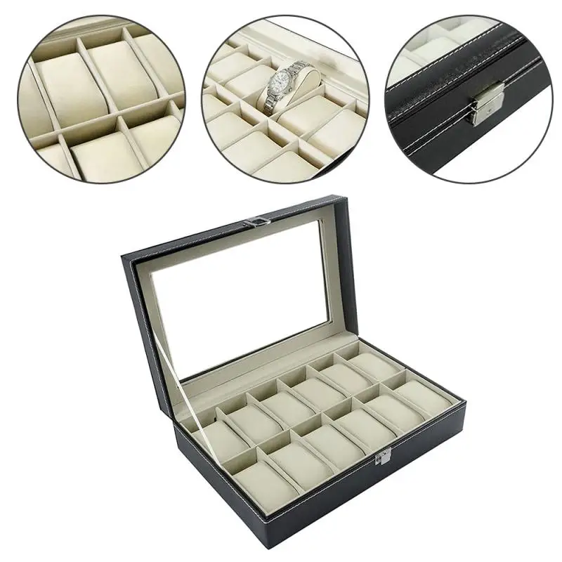 

12 Girds Portable Watch Storage Box Watch Case Holder Organizer Storage Box Quartz Watches Jewelry Boxes Display Holder Case