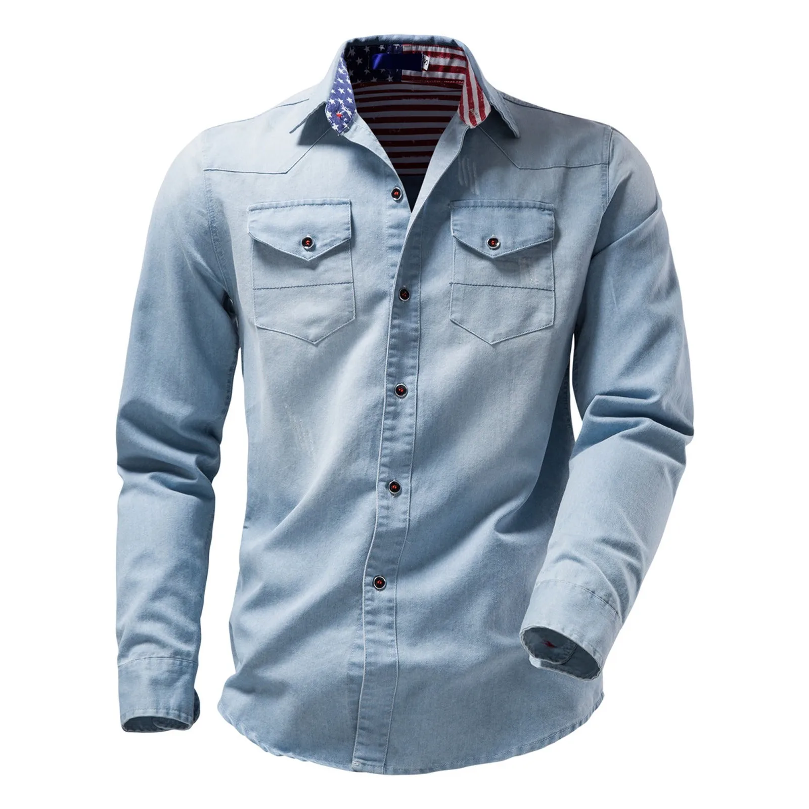

Plus Men's Shirt Gradient Flag Long-sleeved Striped Washed Size Denim Men Shirts Men Shirts Fashion