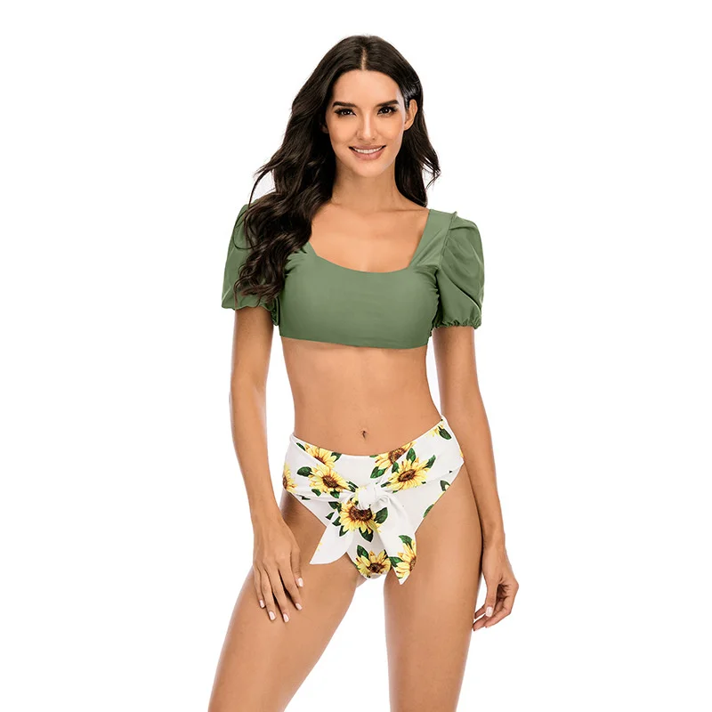 

2021 Sexy Bkini Fashion Swimsuit Female New Solid Swimwear Tankini Sport Bandeau Bathing Suit Bubble Sleeve Slash Neck Tieback