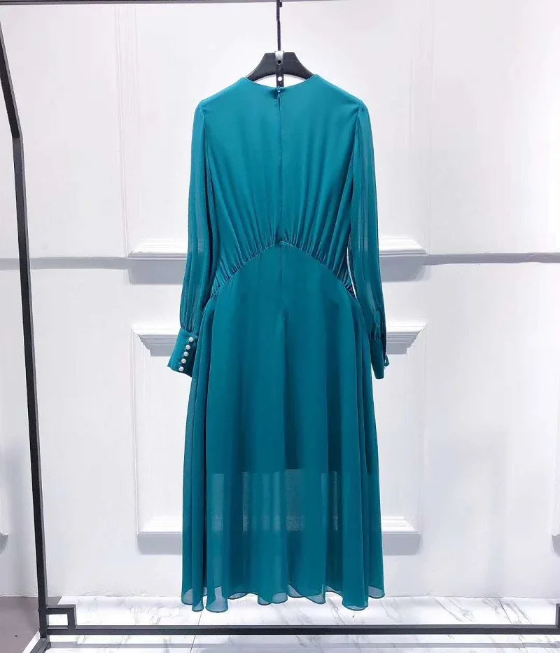 

Elegant Party Women Dress 2020 Spring Summer Ladies O-Neck Crystal Beading Deco Long Sleeve Mid-Calf Length Blue Pink Dress XXL