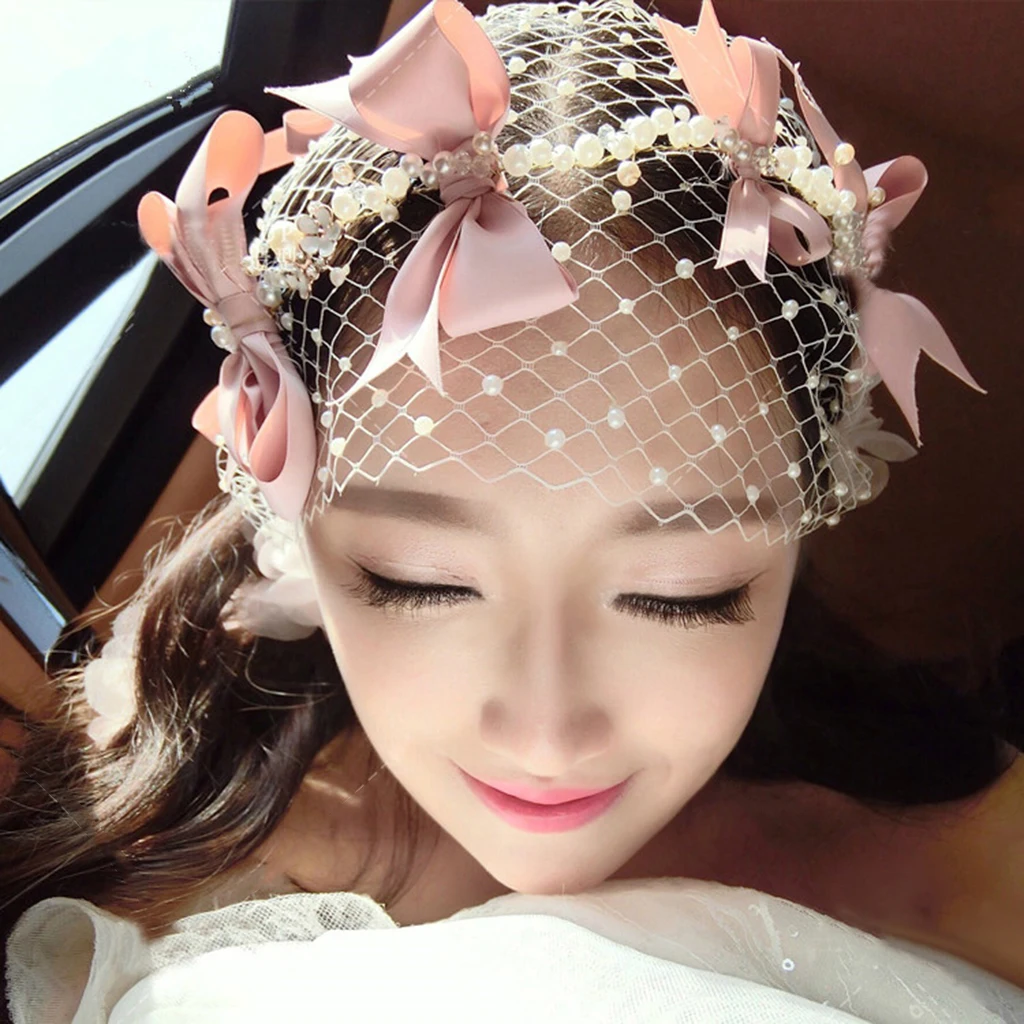 

4pcs Wedding Bridal Party Prom Satin Pink Bow Hairpin Hair Clips Pearls Headband Hair Accessories