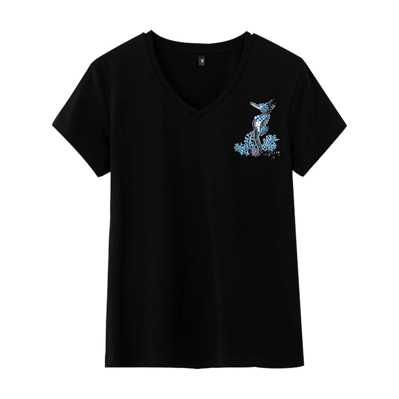 

2022 summer new women's casual T-shirt handmade beaded combed cotton V-neck three-dimensional hippocampus short-sleeved shirt