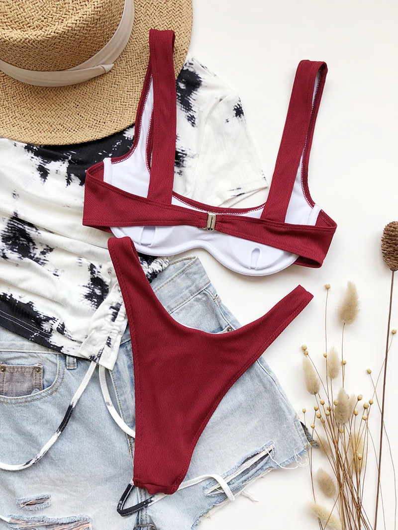 

Echonight Ribbed Swimsuit Women Bikinis 2021 Push up Padded Bra with Bones Women's Bathing Suits Summer Bikini Set Underwear Set