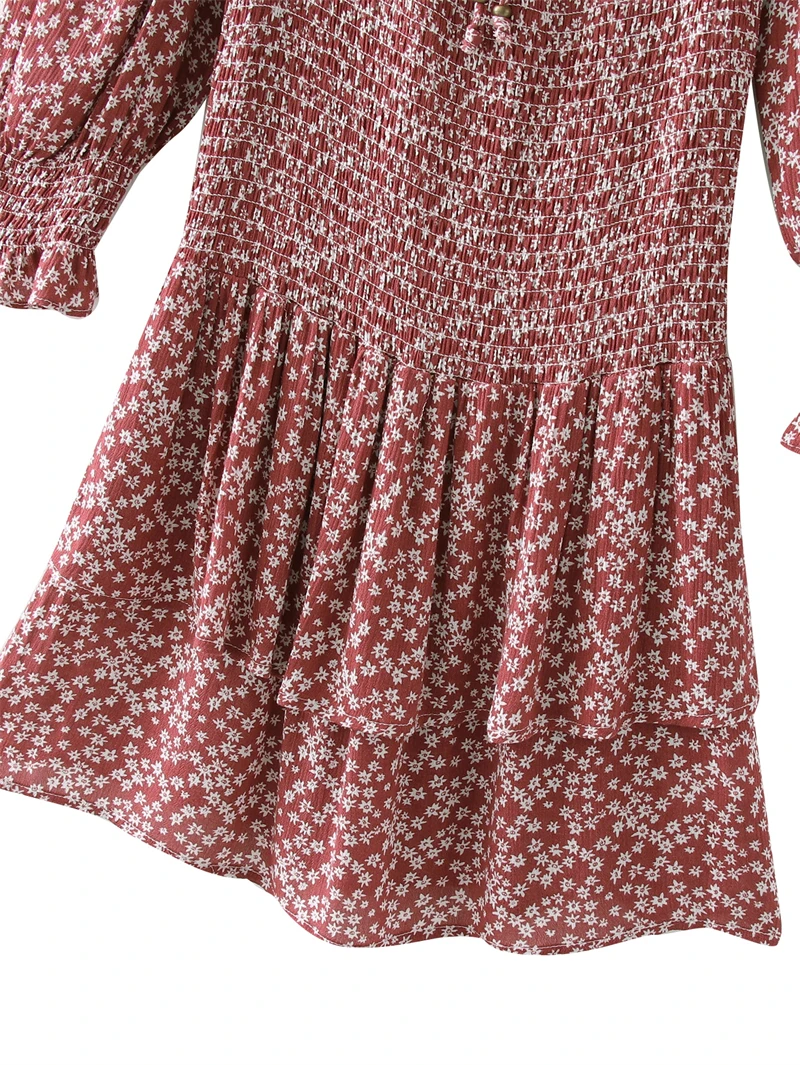 

Splend Moda 2021 Summer Women Red Floral Print Folds Square Collar Short Elastic Waist Lantern Sleeve Dress Lace-Up Slim Vestido