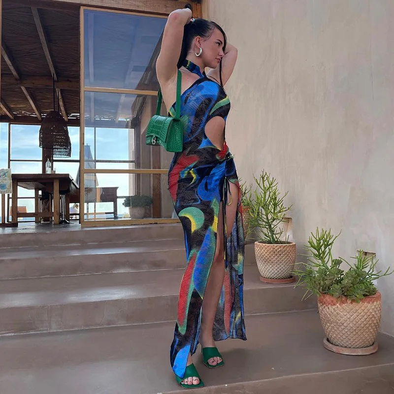 

2021 Women Printed Hollow-out Halter Dress See-through Sleeveless Side Split High Waist Long Dress for Shopping Dating Vacation