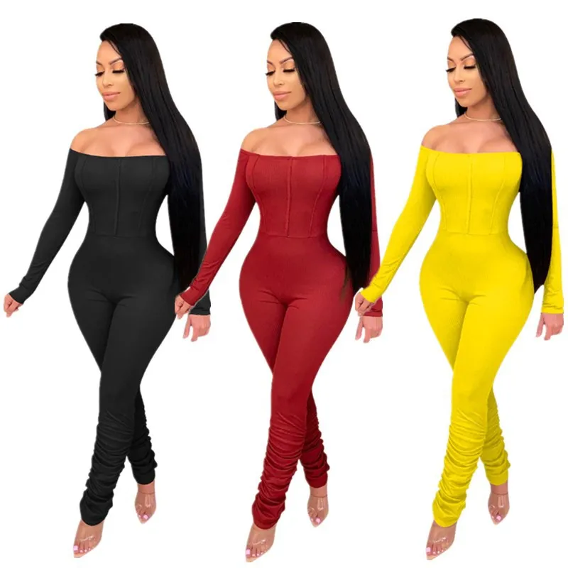 

Solid Color Knit Ribbed Bodycon Jumpsuit Wman Off Shoulder Romper Fall Clothing Women Stacked Pants One Piece Club Party Outfits
