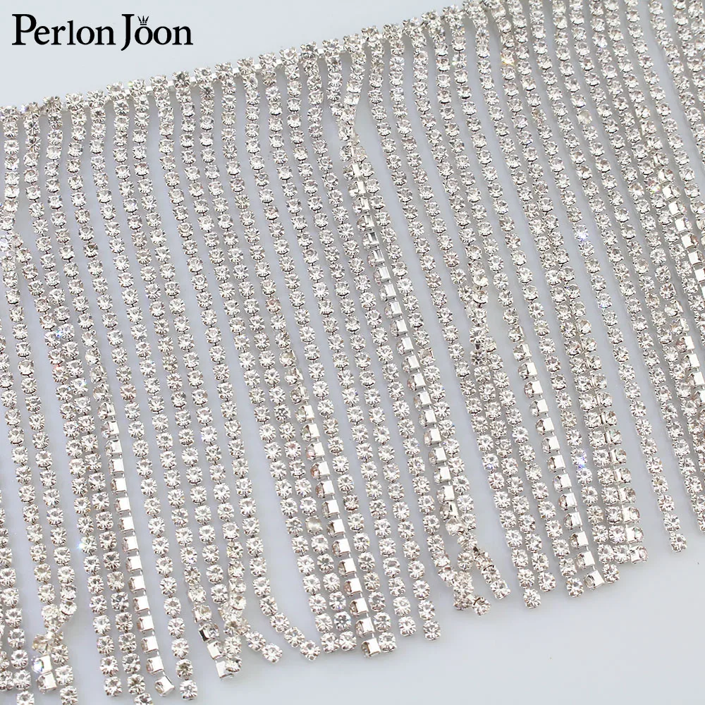 1 yard Long tassel crystal rhinestone trim Silver crystal decorative metal chain clothing accessories ML074