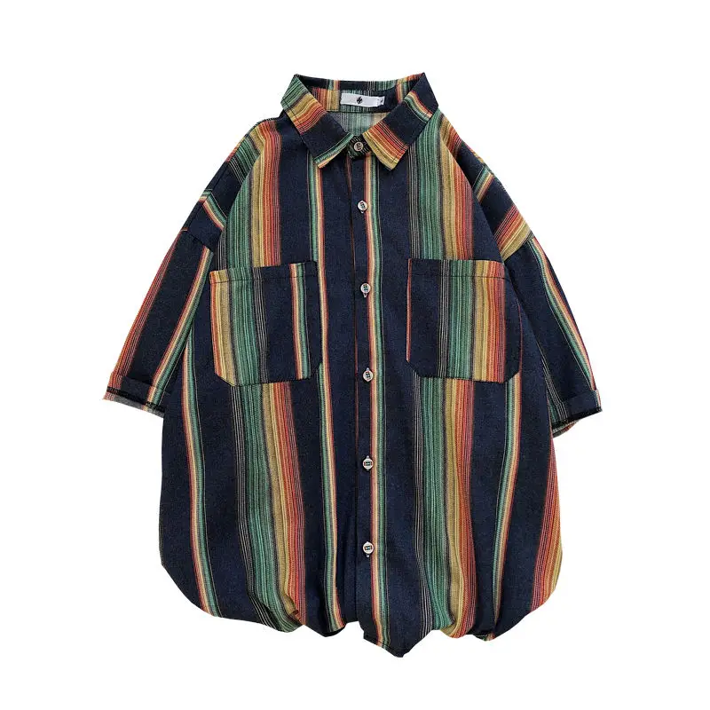 Летняя полосатая рубашка для мужчин модная повседневная контрастных цветов с