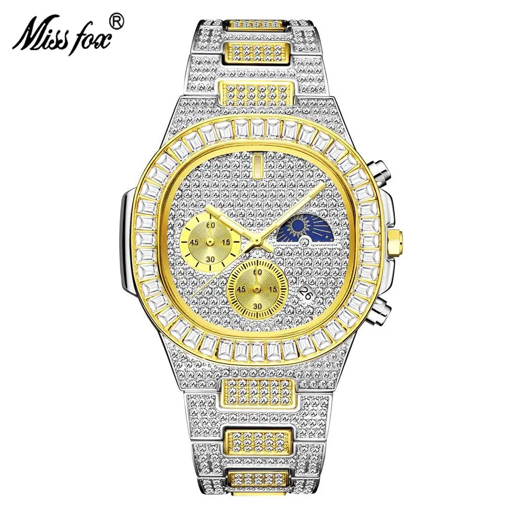 MISSFOX мужские роскошные часы полностью Стразы квадратные Hardlex циферблат двойной