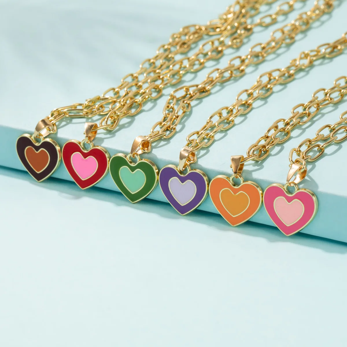 

New Fashion Mixed Color Enamel Heart Pendant Link Chain Choker Necklace For Women Men Rainbow Couple Necklace