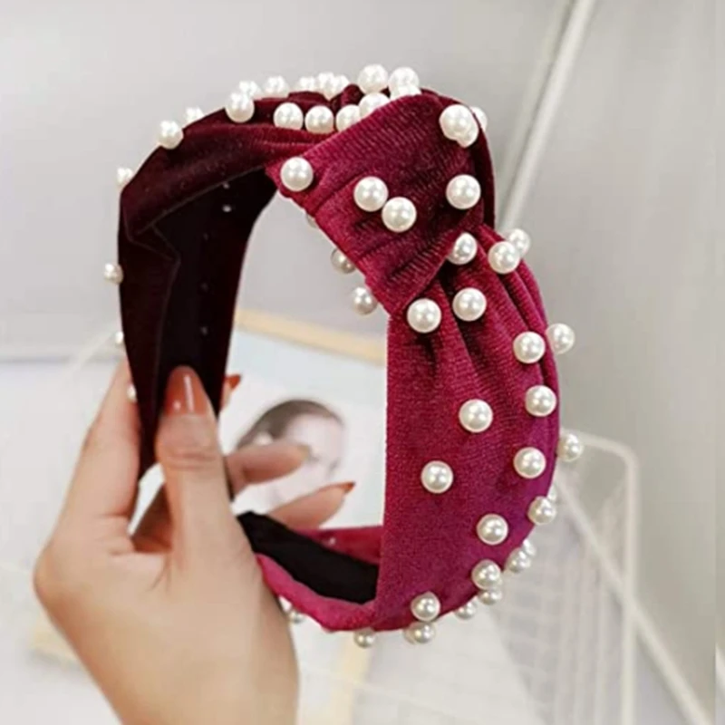 

3 Pieces Pearls Headband Wide Hair Hoop Velvet Pearl Headband Vintage Twisted Headwear for Girl Women Hair Accessories