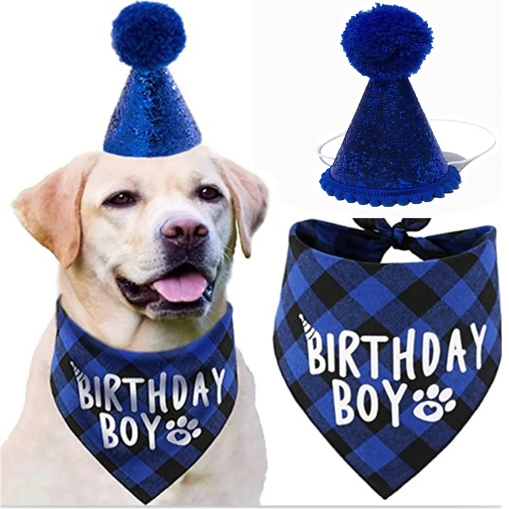 

Pet Dog Decorative Bandanas with Birthday Hat Puppy Scarfs Washable Classic Lattice Pet Bibs for Birthday Supplies Blue