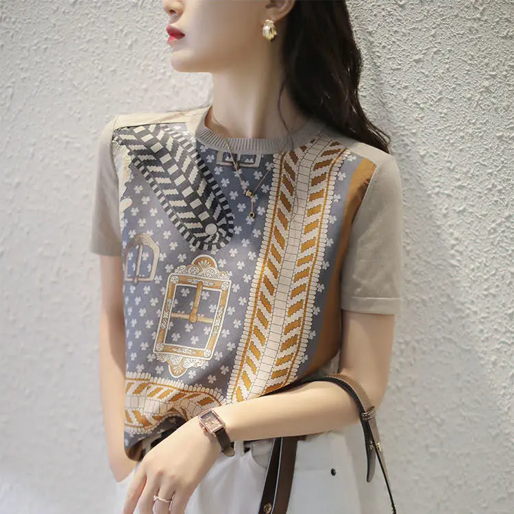 

Knitted T-shirt women's short sleeve loose T-shirt spring women's new splicing Chiffon Top