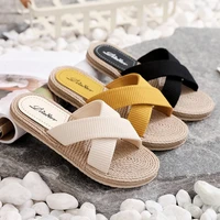 women summer slippers new casual slides comfortable flax slippers striped linen flip flops platform sandals ladies outdoor shoes