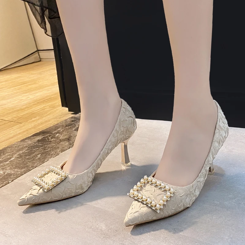

Sandals Stiletto Heels Slip-on Loafers Summer Women's All-Match Shoes Lady 2021 Buckle Elastic Band Pointed High New Clear Fash