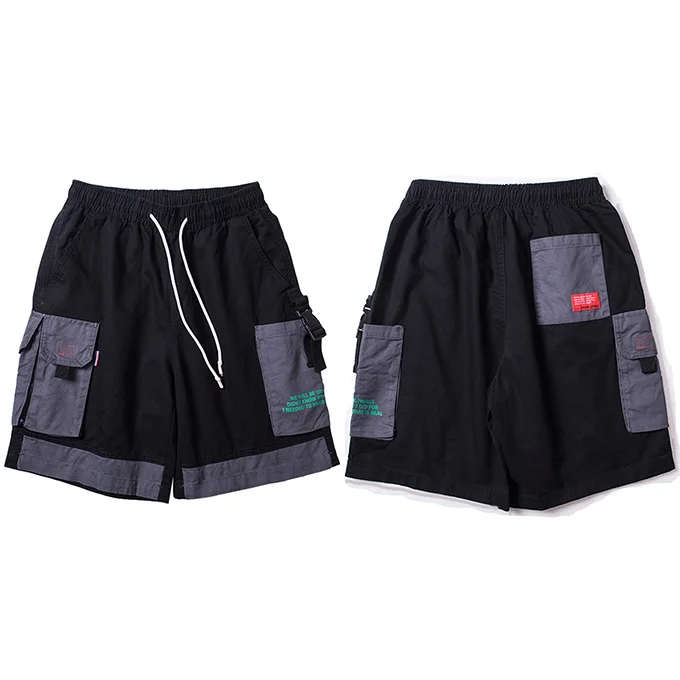 A20V009 Black Harajuku шорты Цвет блок Для мужчин хип хоп Брюки Карго короткие уличная Лоскутные свободные короткие карманы хлопок Повседневное бегуно - Цвет: A20V009 Black