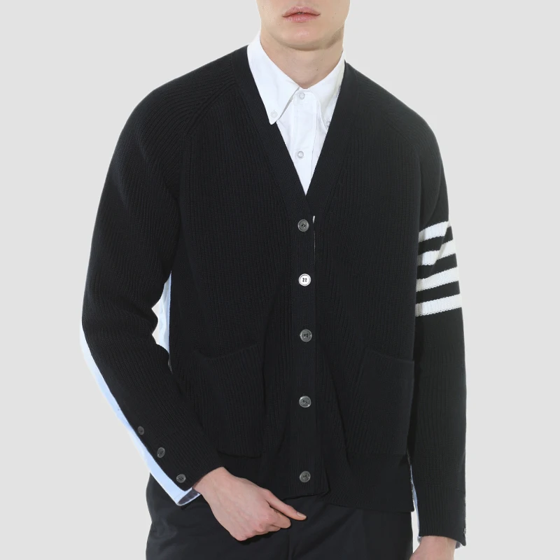 

THOM 2021 TB Fashion Brand Sweaters Men Slim Fit V-Neck Cardigans Clothing Patchwork Striped Cotton Thick Casual Winter Coat
