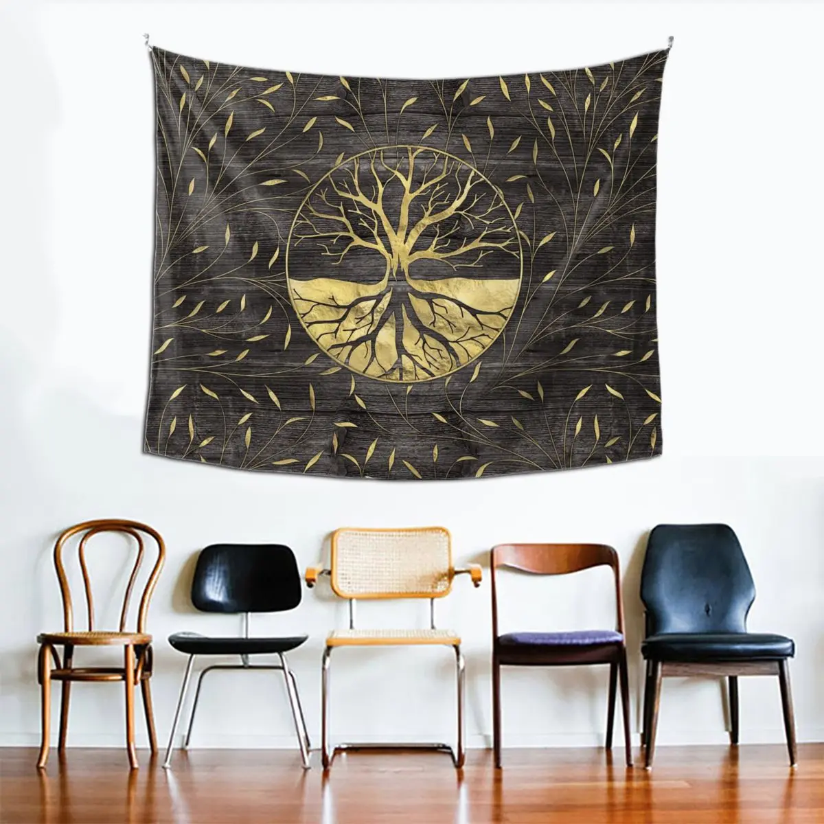 

Golden Tree Of Life On Wooden Tapestry Hippie Polyester Wall Hanging Viking Room Decor Background Cloth Fashion Tapestries