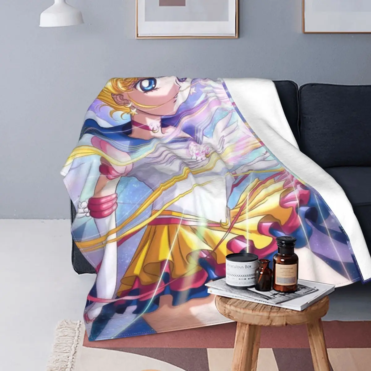 

Moon Girl Blankets Flannel Textile Decor Yellow Hair Uniform Girl Portable Warm Throw Blankets for Home Office Plush Thin Quilt