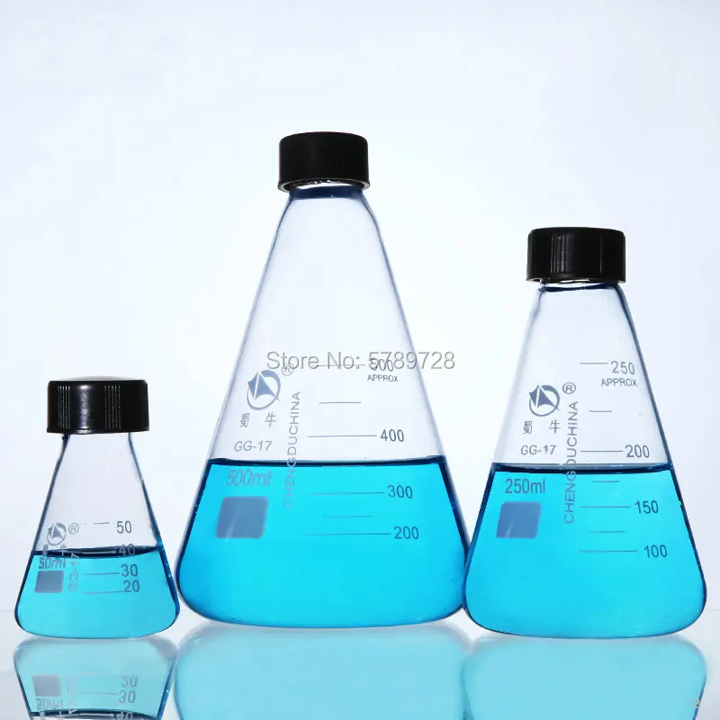 

1pcs Borosilicate glass conical flask with black spiral lid capacity 50ml to 1000ml Laboratory glass container