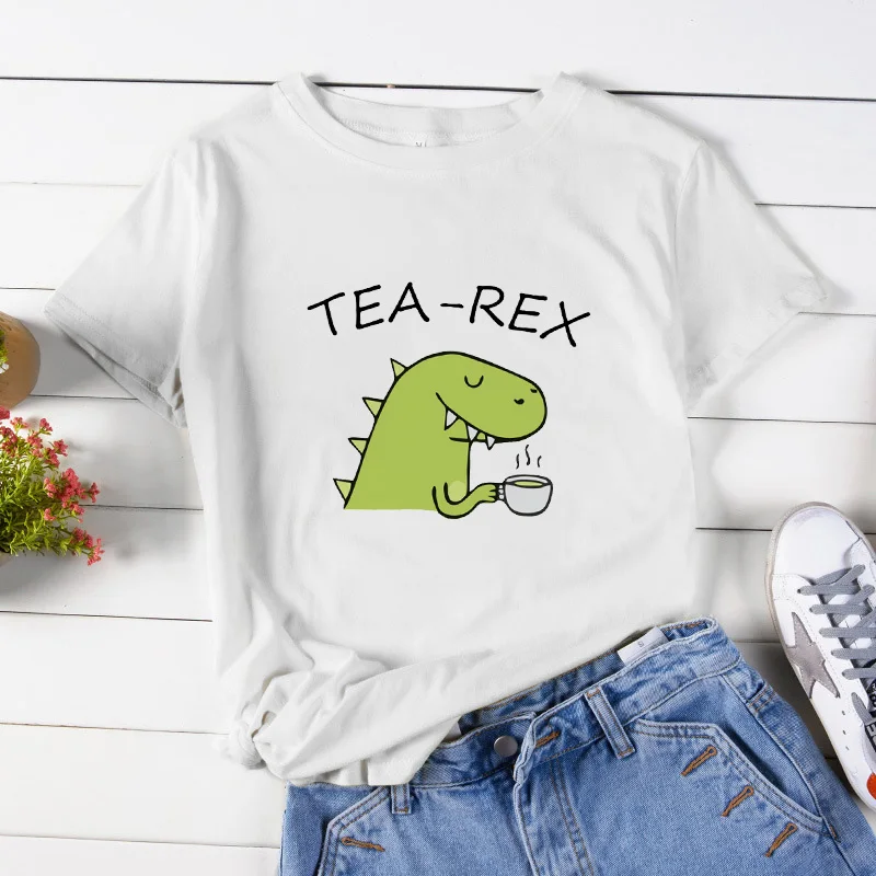 Женская летняя футболка с изображением динозавра из мультфильма TEA REX печати Harajuku