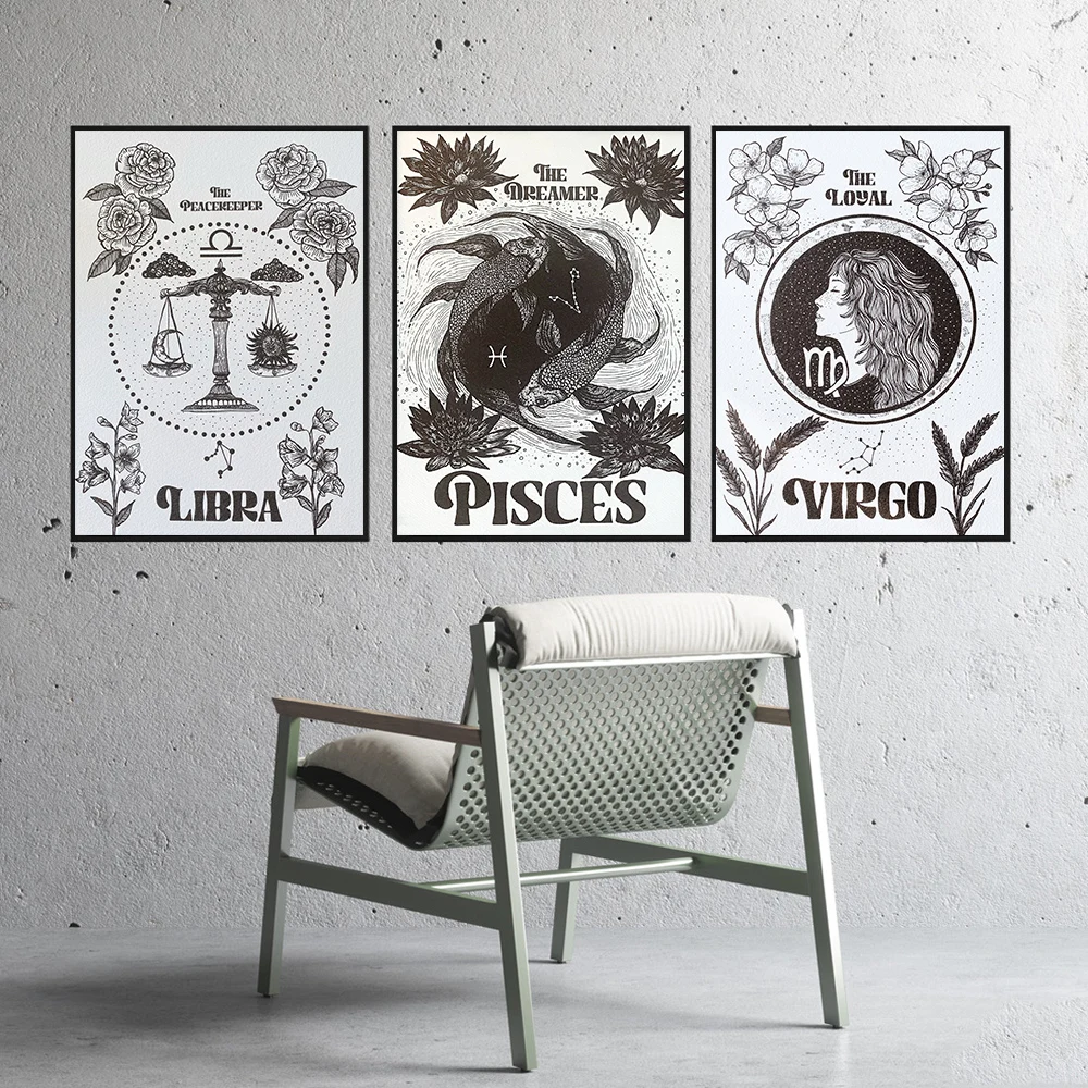 

Constellation Flower Wall Art Canvas Poster Print Astrology Boho Cancer Zodiac Astrology Painting Water Star Decoration Picture