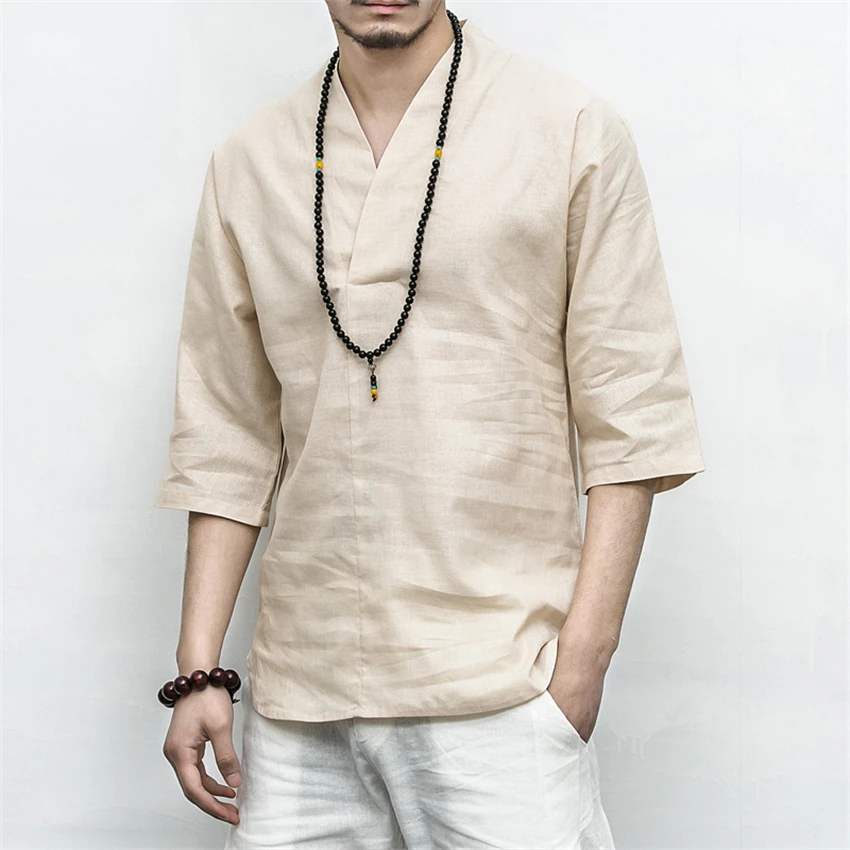 

4 Colors Summer Retro Chinese Style Man Shirts M-5XL Casual V-neck Beachwear Tai Chi Uniform Linen Solid Half Sleeve Chinese Top