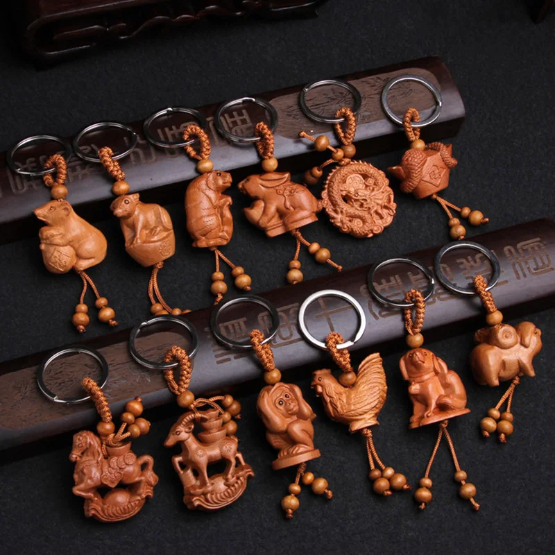 Chinese Peach Wood Zodiac Keychain Three-dimensional Carved Monkey Sheep Snake Dragon Tiger Exquisite Keyring Gift Pendant | Украшения и