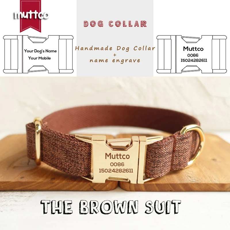 

MUTTCO engraved pet name retailing self-designed fashion handmade high quality dog collar THE BROWN SUIT 5 sizes UDC039J