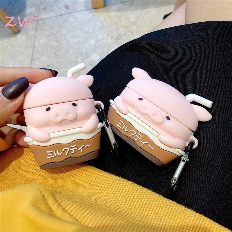 

Cartoon 3D pig milk tea silicone cover for airpods 1 2 case cute soft silicone earphone protective case for airpods with hook