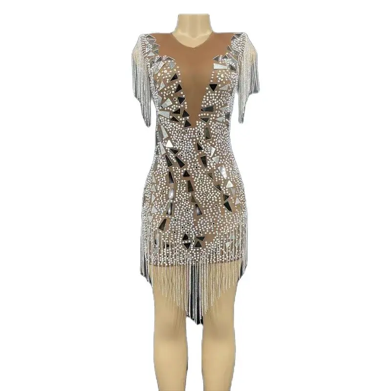 

Birthday Evening Celebrate Rhinestones Costume Stretch Outfit Singer Performance Silver Tan Mesh Crystals Fringes Mirrors Dress