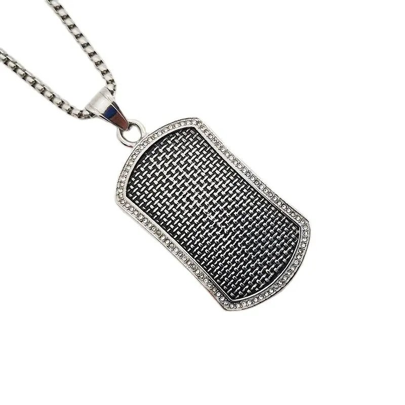 Ретро Серебряный вымощенное по кругу CZ камни тиснением ожерелья Dog Tag 316L бирка из