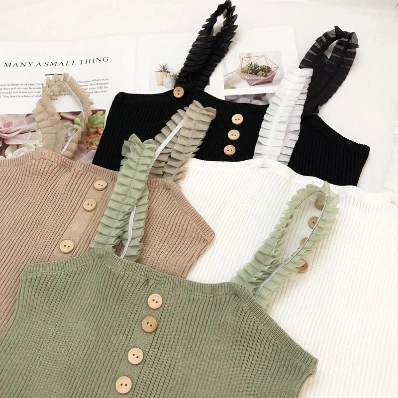 

Summer solid color wear sleeveless knit vest with slimming and slimming halter bottom blouse short top dress