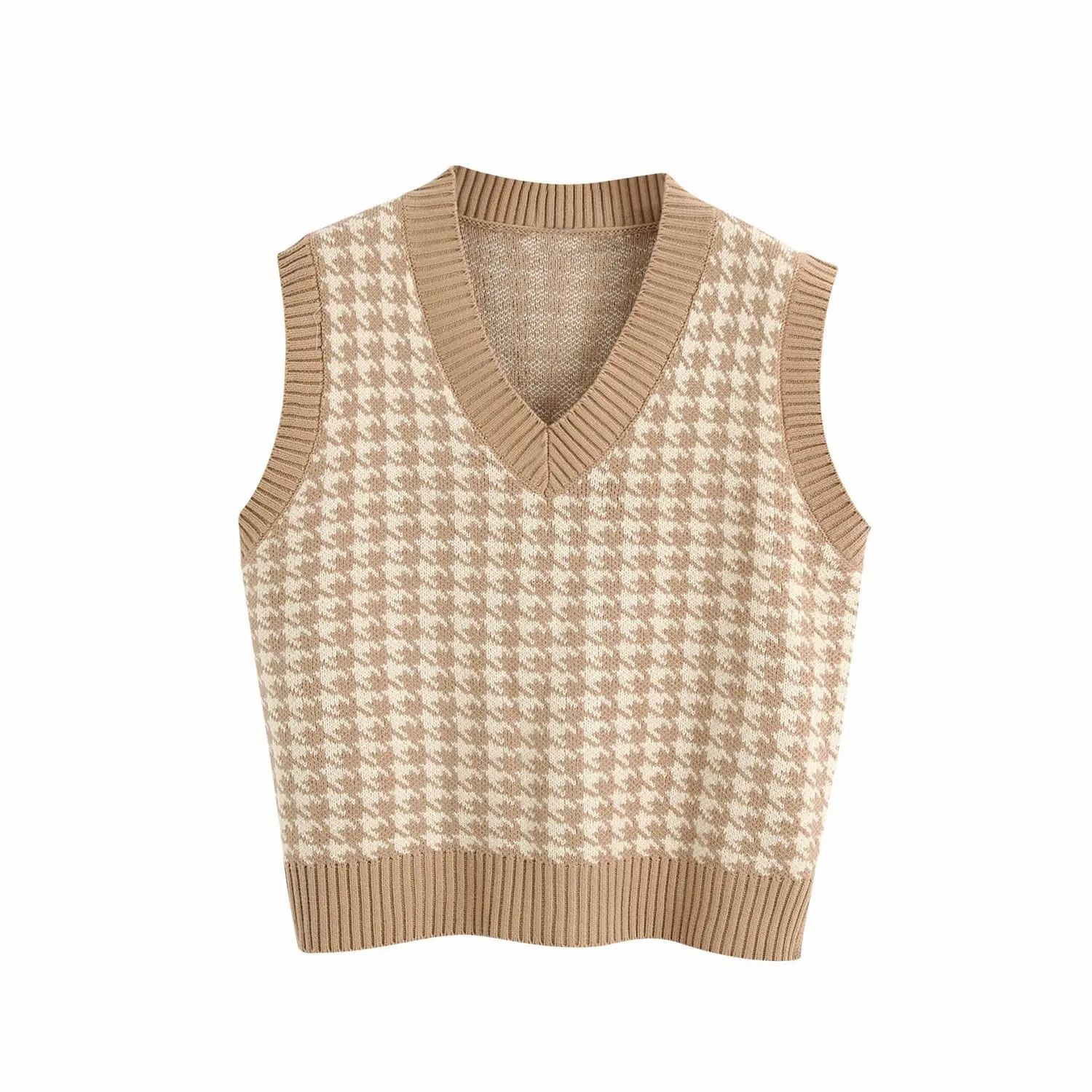 

Houndstooth Sweater Vests for Women Vintage Tops Winter 2020 Y2k Knitted V Neck Sleeveless Pullovers