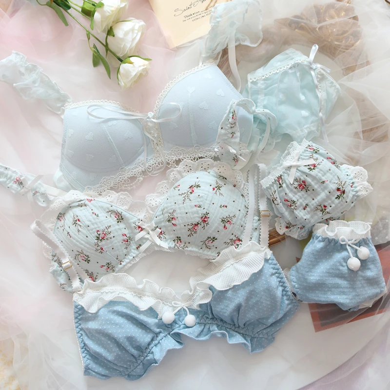Japanese Fresh blue collection lolita bra and panty set  girl underwear set sweet and cute no steel ring small push up lingerie