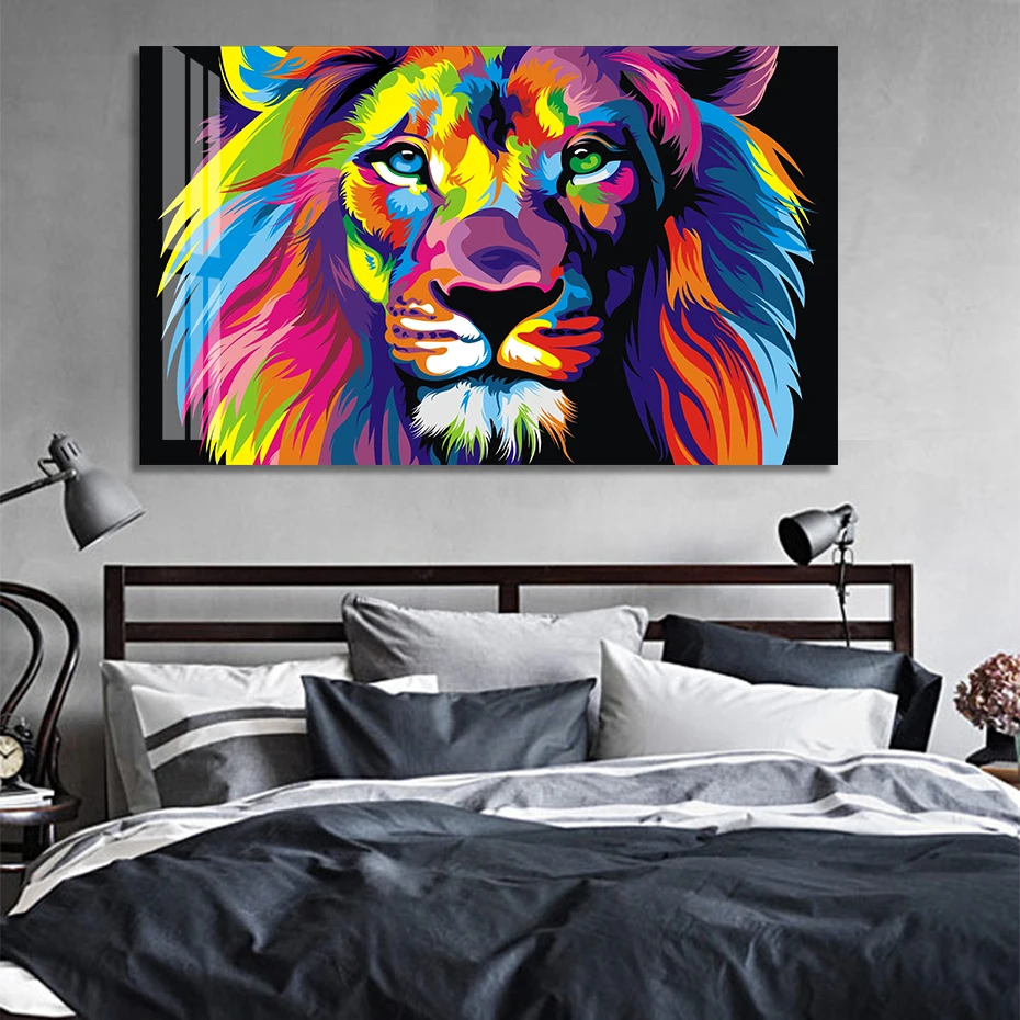 Красочные Лев черный фон обои стены искусства холст картина печатный плакат