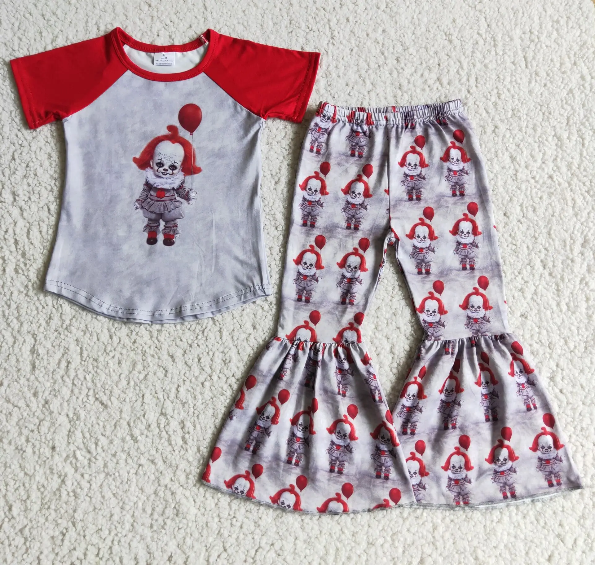 

2021 Summer Autumn Girl's Halloween clown print red patchwork top and gray bell-bottom trouser suit Kids Clothing