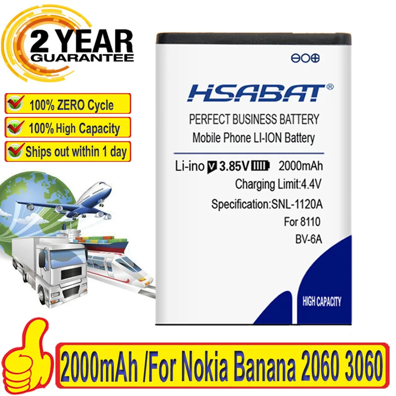100% Оригинальный HSABAT 2000 мАч BV 6A аккумулятор для Nokia Banana 2060 3060 5250 C5 03 8110