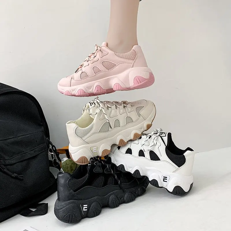 

New PU Leather Women Chunky Sneakers Casual Vulcanized Shoes Woman Platform Sneakers Female Lace Up Comfortable Dad Shoes