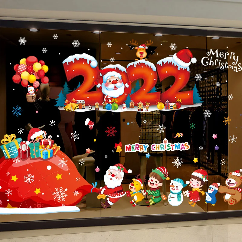 

[SHIJUEHEZI] 2022 Chirstmas Glass Stickers DIY Santa Claus Animals Children Wall Decals for Shop New Year Window Home Decoration