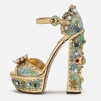 retro jewel embellished metallic leather platform sandals embroidery chunky heels banquet dress shoes big size 11
