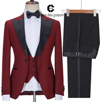 cenne des graoom 2022 new men suits satin peak lapel tailor made tuxedo 3 pieces red burgundy wedding evening dress ropa hombre