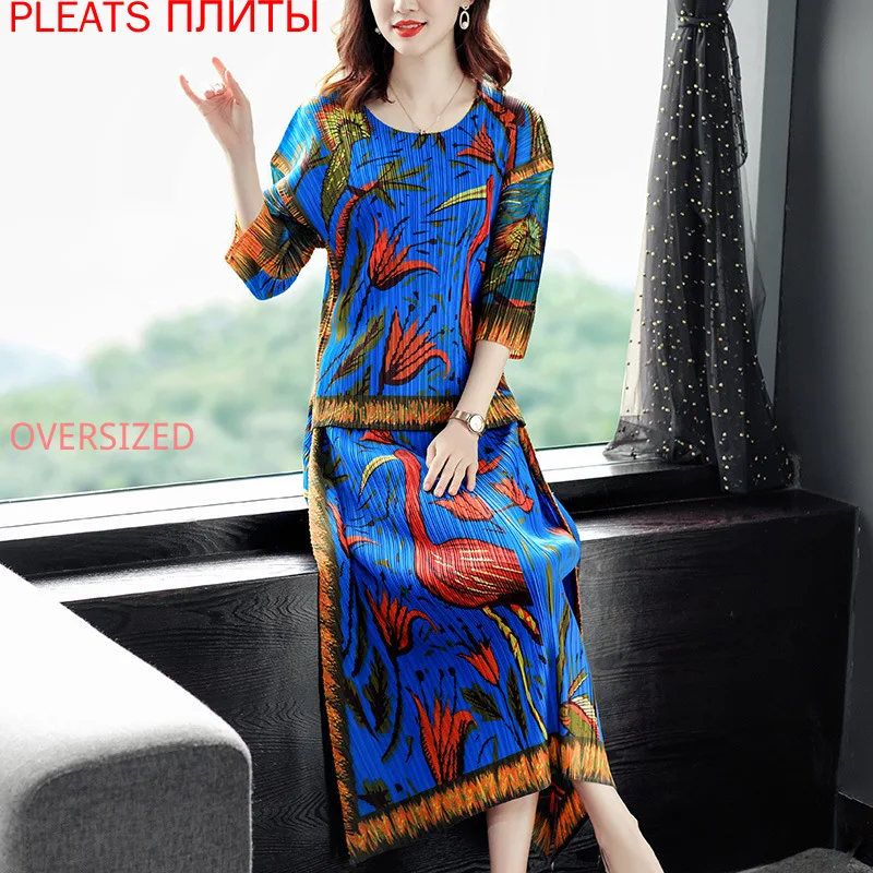 Fashion Suit Female Summer New Style Temperament Digital Printing Miyake Pleated Mid-length Skirt Two-piece Suit Two Piece Set