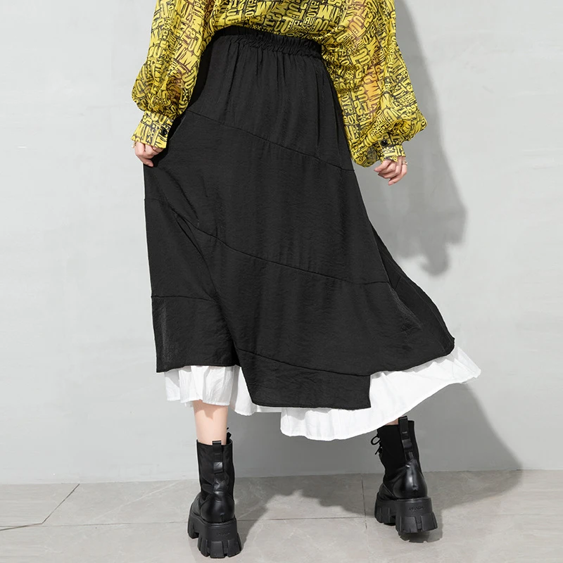

[EAM] High Elastic Waist Black Asymmetrical Fake Two Half-body Skirt Women Fashion Loose Tide New Spring Autumn 2021 1DD6963