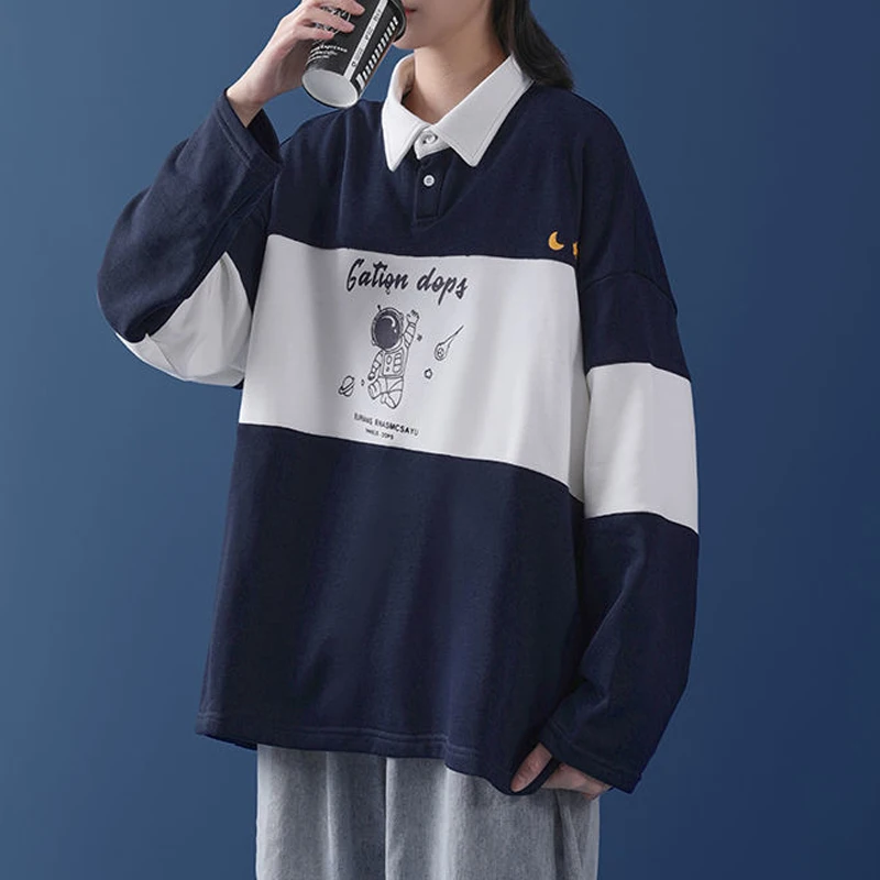 Свободное зимнее винтажное худи с воротником поло в стиле Харадзюку Топ оверсайз