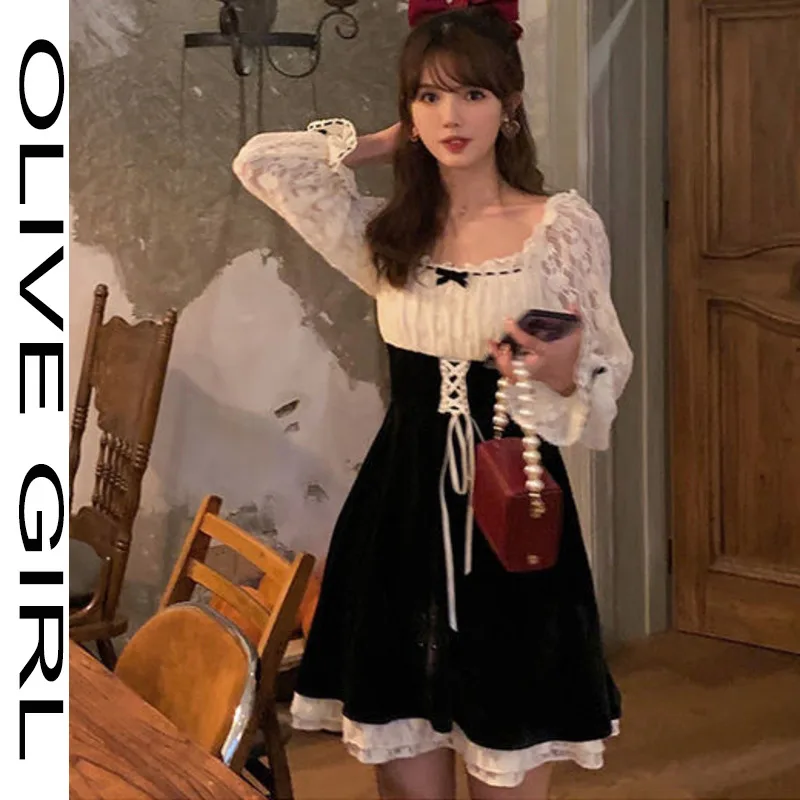 

2021 French Vintage Skater Dress Women Spring Casual Kawaii Lace Slim Dress Korean Elegant Retro Fairy Dress Female Cute Chic
